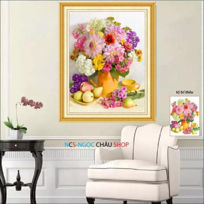 Tranh thêu chữ thập Bình Hoa Hồng LV3408, Kích thước 50x60Cm- Tranh thêu chữ thập 3D NCS-NGỌC CHÂU SHOP