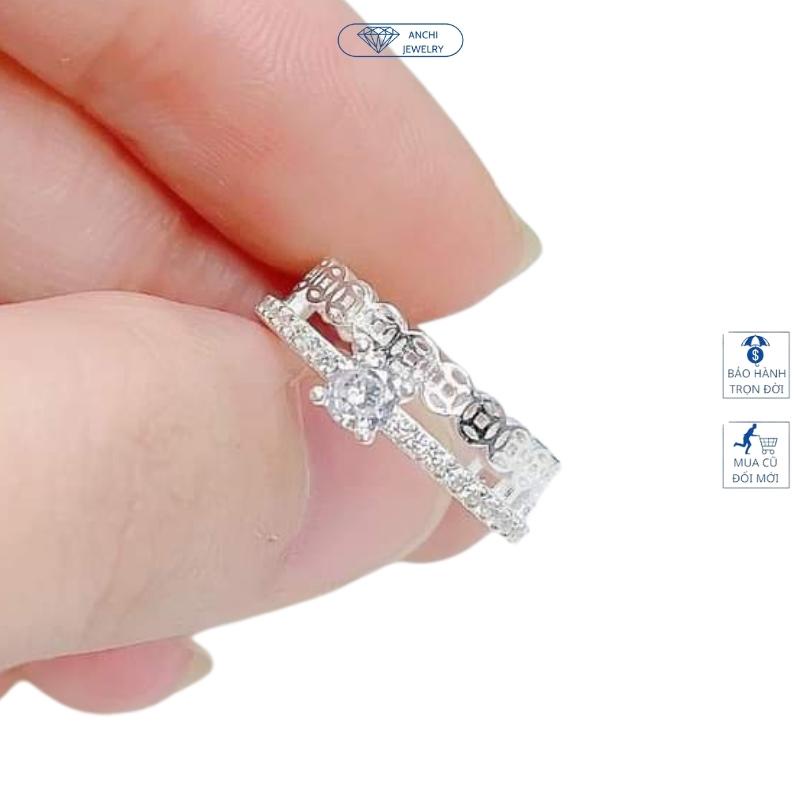 Nhẫn kim tiền 2 vòng đính đá, chuẩn bạc ta nguyên chất cho nữ, Anchi jewelry