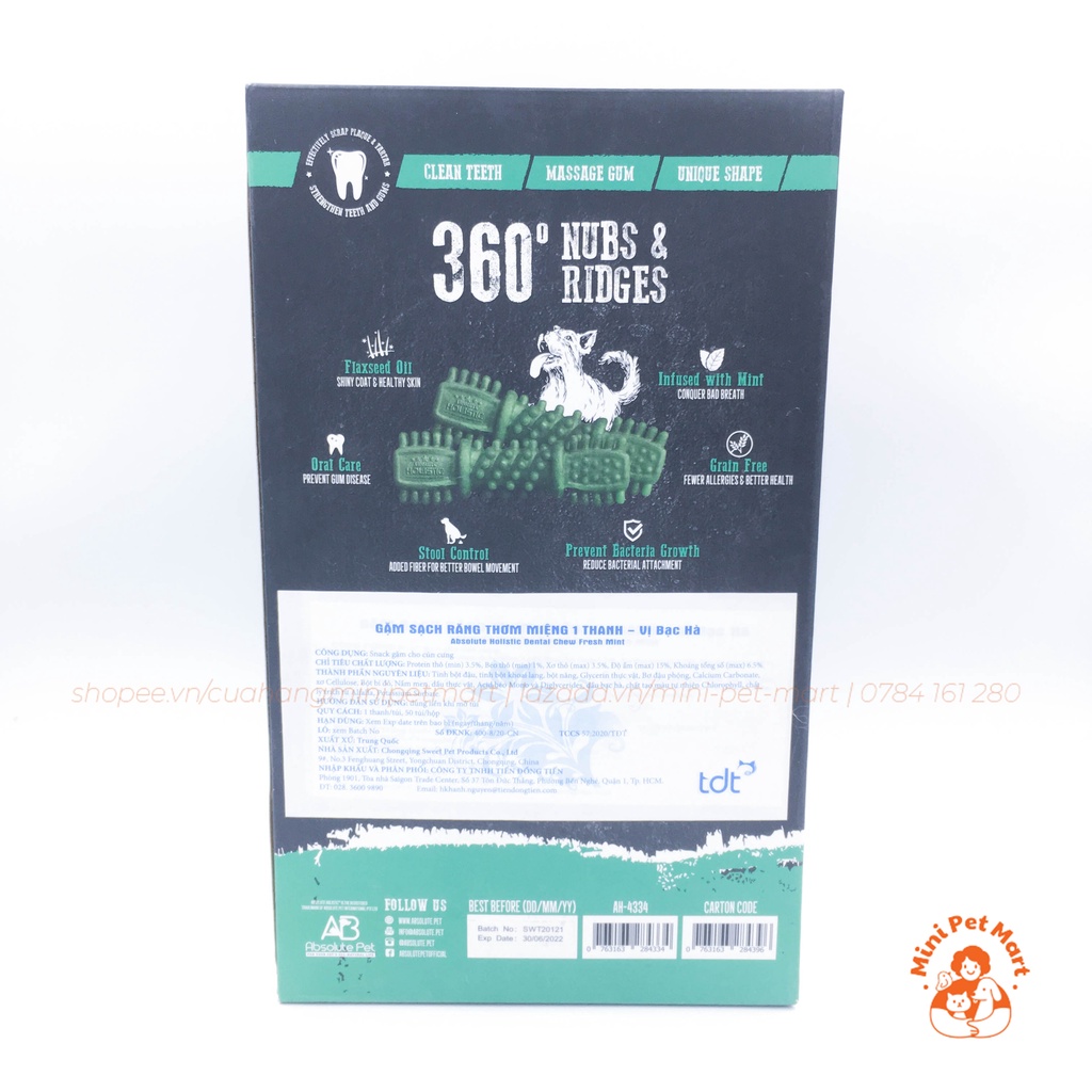Xương gặm sạch răng, thơm miệng cho chó hình bàn chải ABSOLUTE HOLISTIC DENTAL CHEW - Vị bạc hà