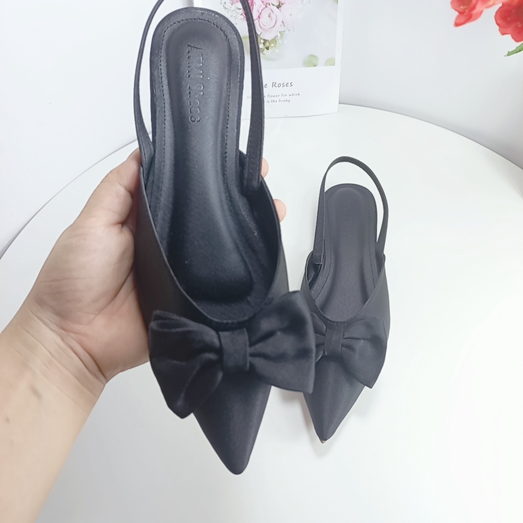 Giày nữ slingback thắt nơ lụa satin thanh lịch hè 2022-giày bệt nữ mũi nhọn mẫu mới bền đẹp giá tốt mã SLNGBACK