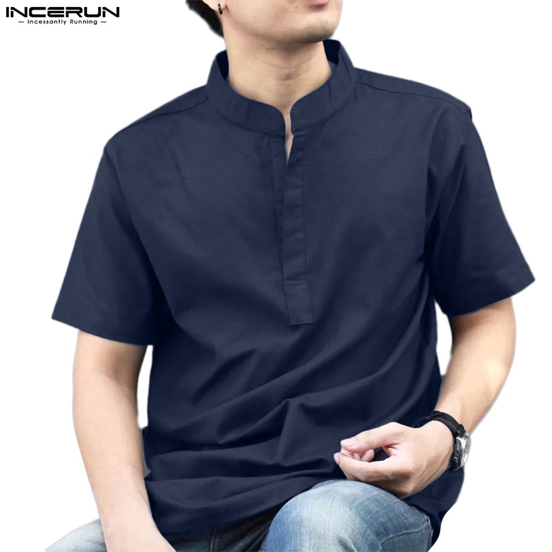 Áo sơ mi cotton INCERUN ngắn tay cổ chữ v màu trơn thời trang mùa hè cho nam