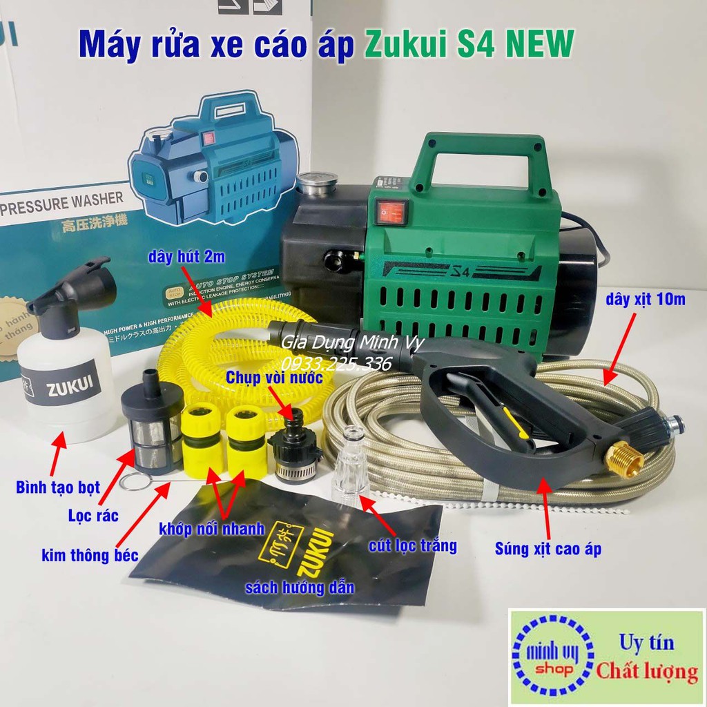 Máy rửa xe Zukui S4 NEW- 2000W tặng kèm bình xà phòng