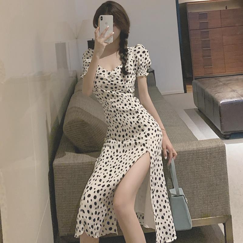 Đầm Dài Cổ Chữ U Họa Tiết Chấm Bi Xẻ Tà Thời Trang Cho Nữ A flower dress