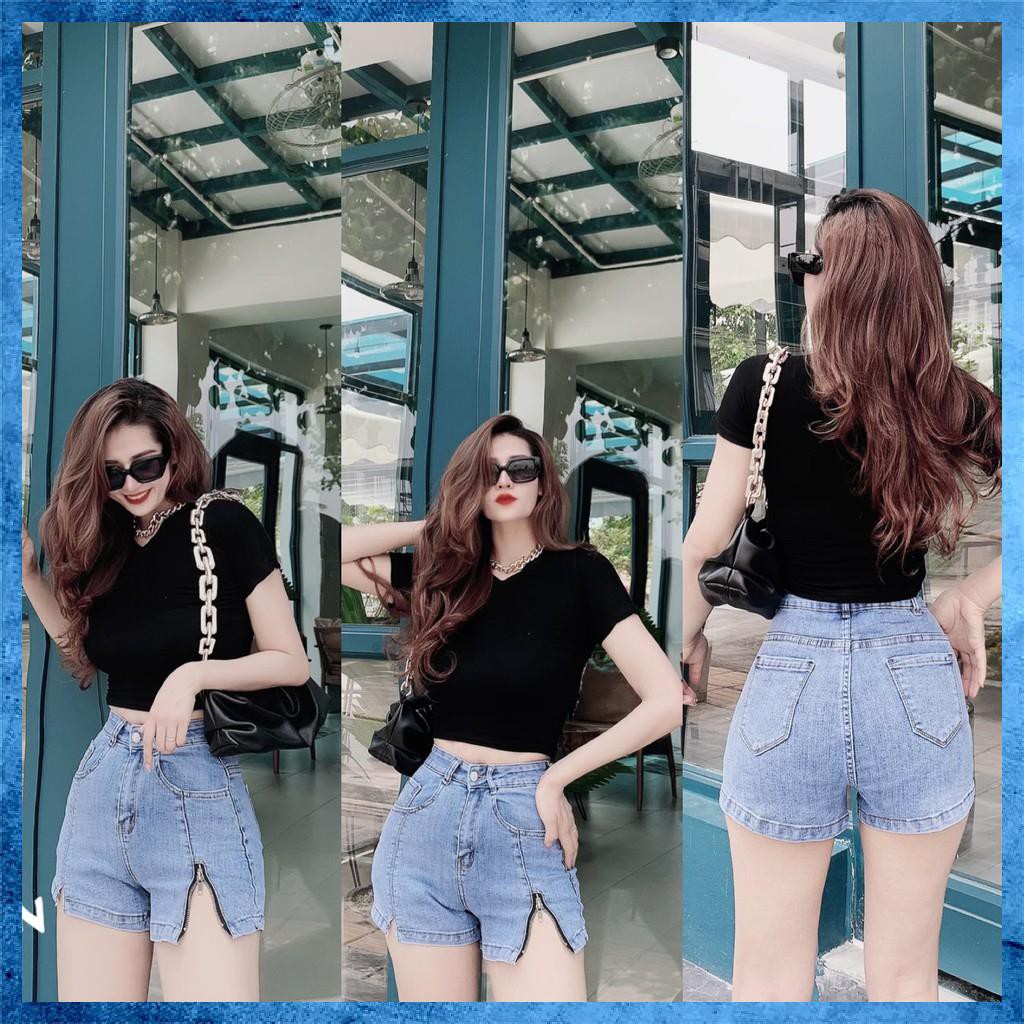 [Jeans nữ thiết kế] Quần sooc bò trơn, quần shorts jeans lưng cao túi chéo khóa gấu lệch. Mã S0105 | BigBuy360 - bigbuy360.vn