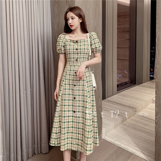 Long part 2020 summer new antique square short sleeved dress girl of waist retro French is gas thin striped dress thin part