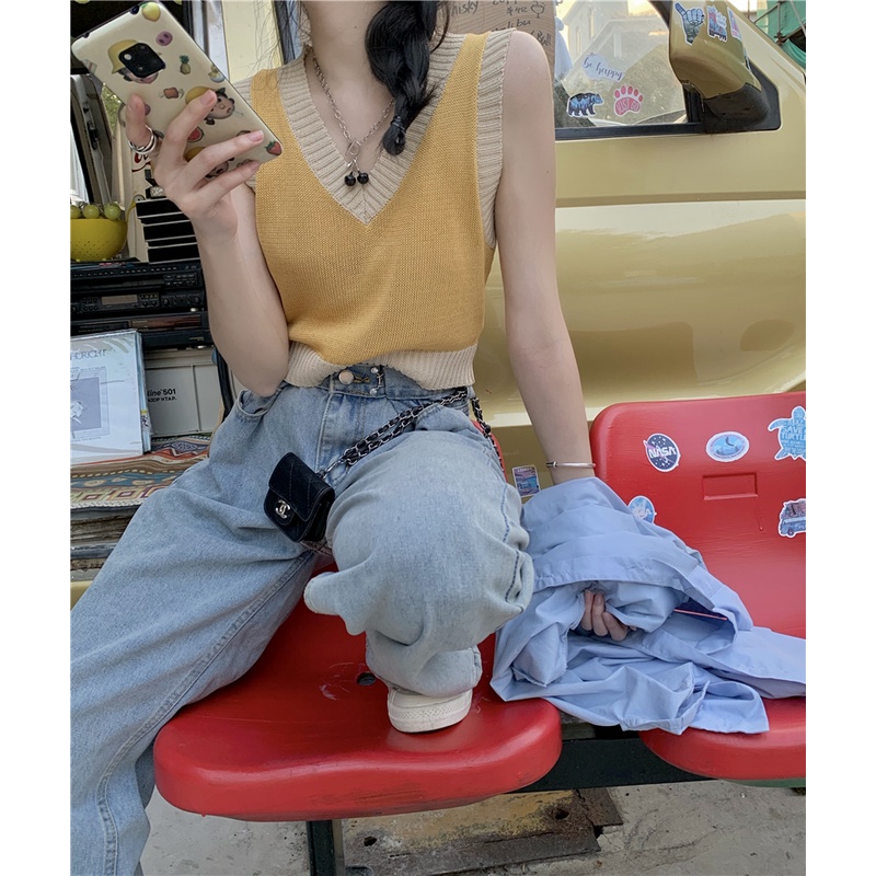 SUXI Áo Croptop Dệt Kim Sát Nách Cổ Chữ V Đơn Giản Thời Trang Phong Cách Hàn Quốc