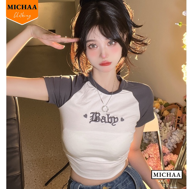 Áo Croptop Ôm Body Nữ BABY THÊU Cổ Tròn Tay Ngắn, Áo Thun Croptop Kiểu Thêu Họa Tiết MICHAA CR85