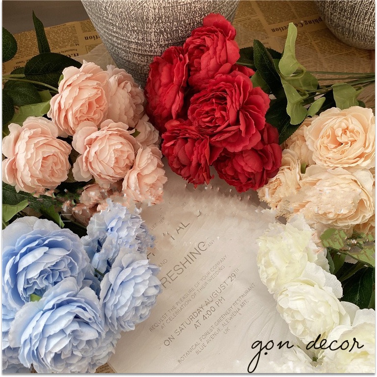 Bó hoa hồng giả 8 bông nhiều màu cành ngắn, cắm trang trí phòng ngủ, phòng khách - Gọn Decor
