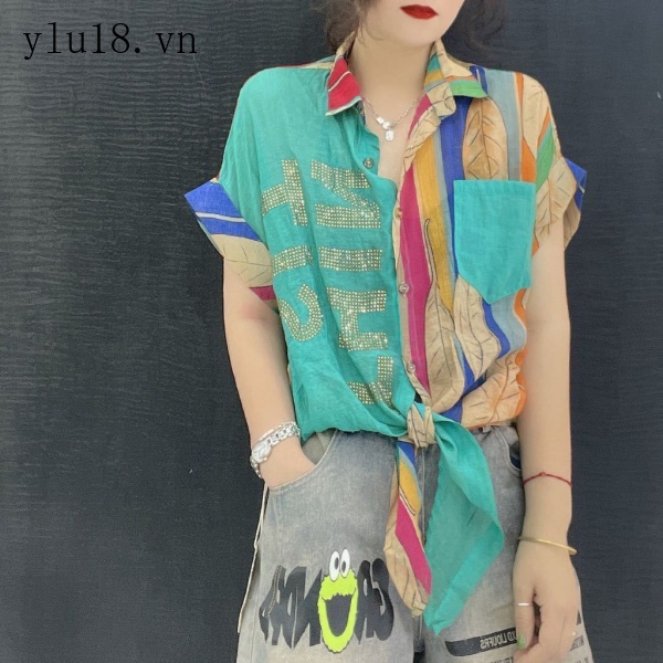 Áo Sơ Mi Chiffon Ngắn Tay Phối Màu Họa Tiết Kẻ Sọc Đính Đá Thời Trang Mùa Hè Năm 2021 Cho Nữ