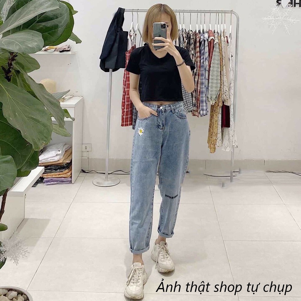 Quần baggy jean nữ thêu hoa cúc chữ MINUSONE F08 | BigBuy360 - bigbuy360.vn