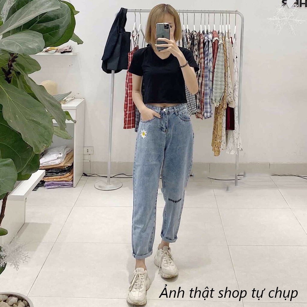 Quần baggy jean nữ thêu hoa cúc chữ MINUSONE F08 | WebRaoVat - webraovat.net.vn