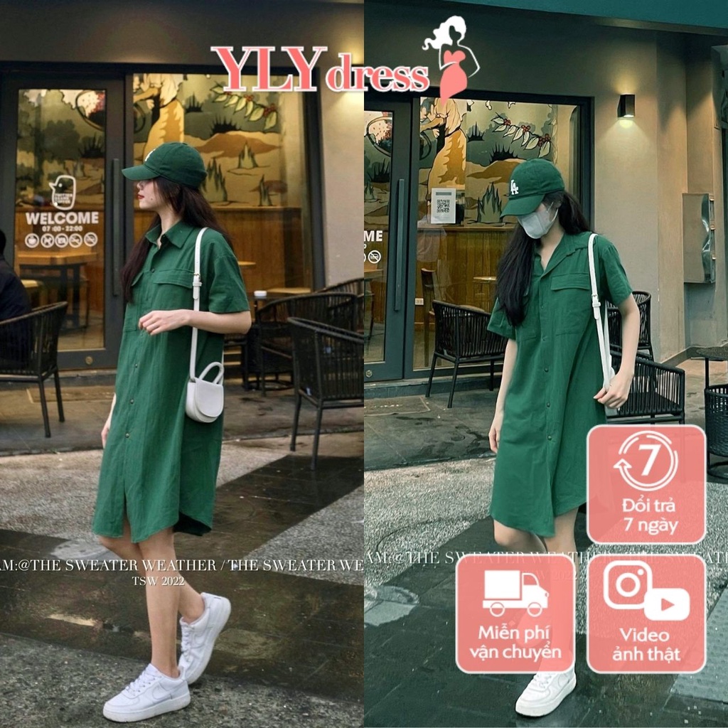 Váy đầm nữ cộc tay sơ mi xanh lá 2 túi ngực Ylydress hot trend phom rộng suông dài freesize basic học sinh công sở C935