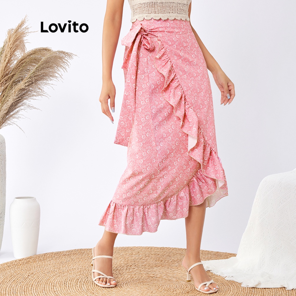 Lovito Boho Ditsy Floral Floralruffle Hem Warp Skirt L22Ed109 (HồNg)