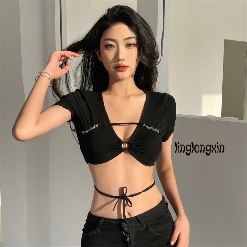 Linglongxi2-Women Wrapped Tops, Short Sleeve V Neck Cutout Solid Color Street Party Causal Summer Spring Shirt