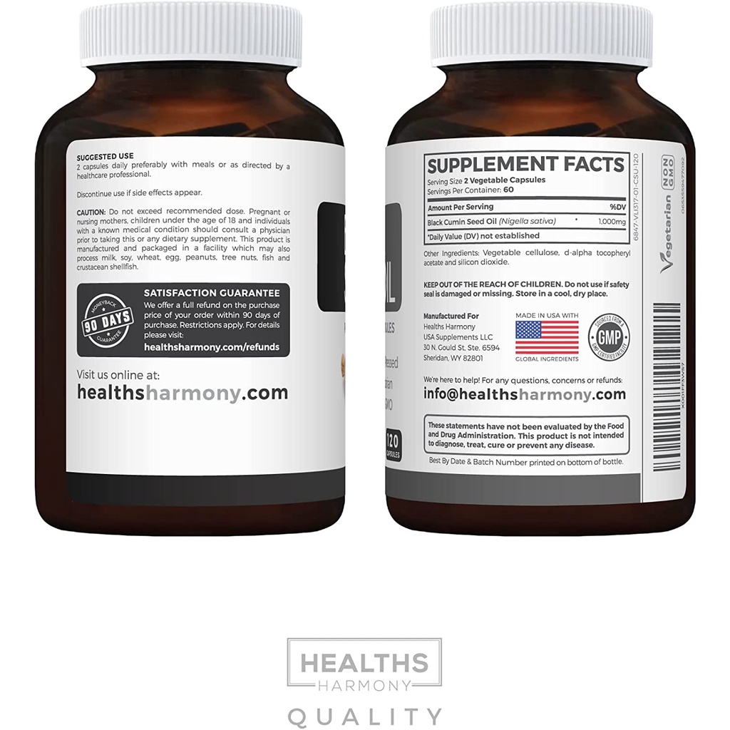 Healths Harmony Black Seed Oil 1000mg Viên dầu hạt thì là đen giúp đẹp da, móng, tóc, và chống oxy hóa 120 viên