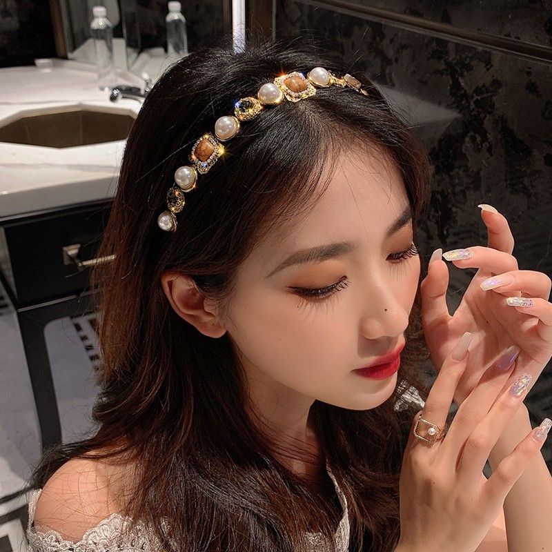 Băng đô tóc khảm đá thiên nhiên và ngọc, phong cách retro cổ đển_M1148