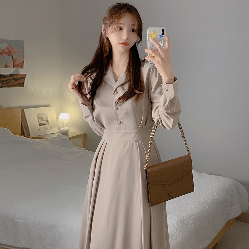 Đầm sơ mi chic dài tay dáng xòe eo xếp ly Hàn Quốc