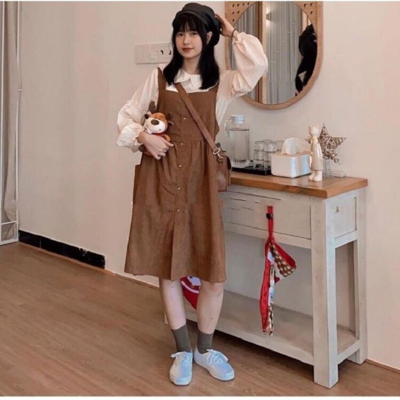 Đầm yếm nhung màu nâu tây 2 chi tiết áo tay phồng dáng suông dài Hàn Quốc - Blue Clothes