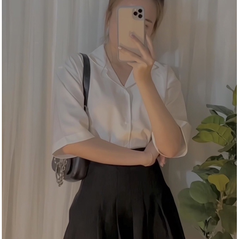 Áo sơ mi ngắn tay Nam Nữ Cổ Vest TRƠN trắng và đen - Kiểu sơ mi tay ngắn form rộng Memotop MM05