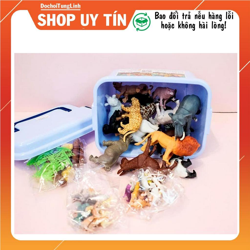 Bộ Mô Hình Động Vật 58 Chi Tiết gồm các con vật, cây cối làm thành khu rừng, chất liệu nhựa ABS an toàn