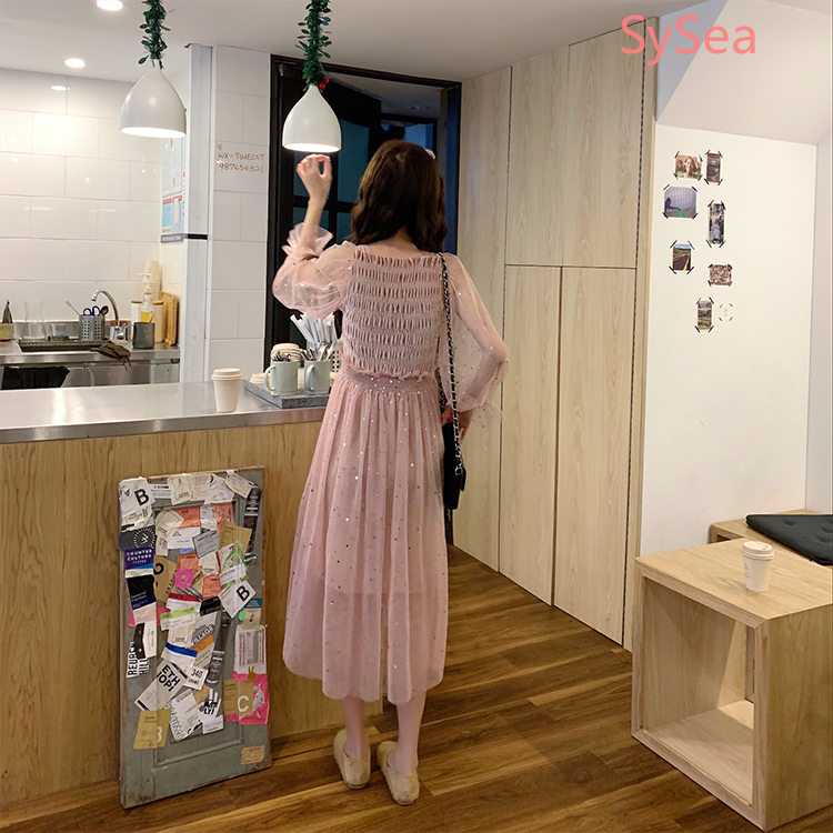 Đầm Voan Nữ Tay Dài Họa Tiết Ngôi Sao Lấp Lánh Xinh Xắn Lộng Lẫy