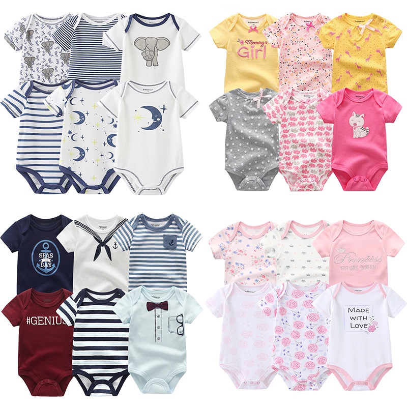 Set 6 áo liền quần tay ngắn chất liệu cotton thời trang mùa hè dễ thương cho bé sơ sinh 0-12 tháng tuổi