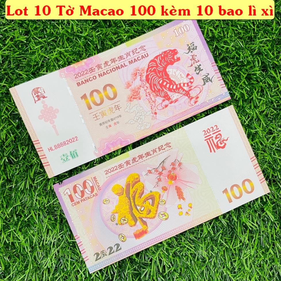 Combo 10 Tờ Tiền con Hổ 100 Macao lưu niệm, tặng bao lì xì tết Nhâm Dần