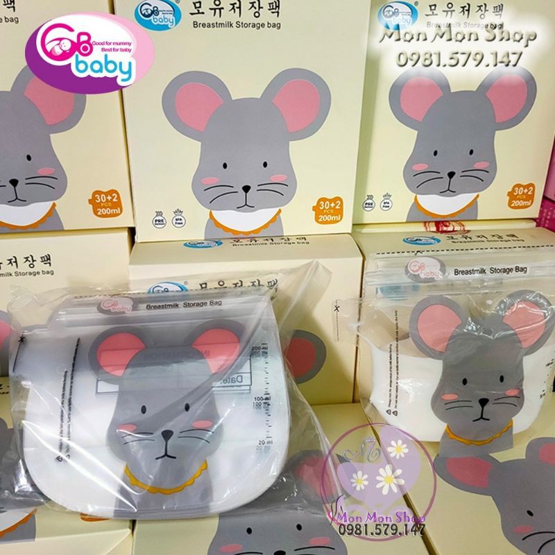 Sỉ 10 hộp túi trữ sữa GB Baby có vòi cắt hình bé chuột cute 200ml ( 32t/h)