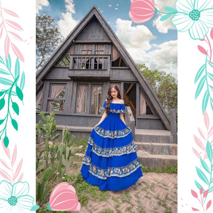 Váy Đầm Maxi Đi Biển Bệt Vai Phối Viền Hoa Cao Cấp Đầm Maxi Sống Ảo Cho Nàng | BigBuy360 - bigbuy360.vn