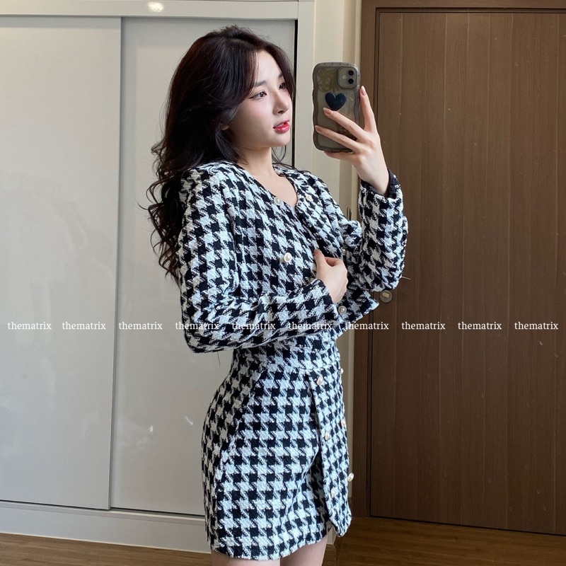 Set dạ tweed hoạ tiết houndstood