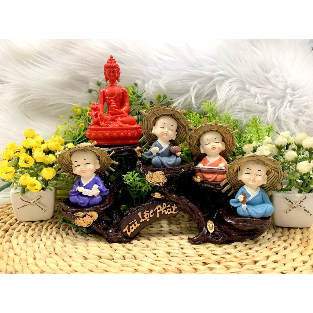 Tượng Phật Thích Ca và các chú tiểu Cầm Kỳ tọa đế Tài Lộc Phát ( Hình Thật )