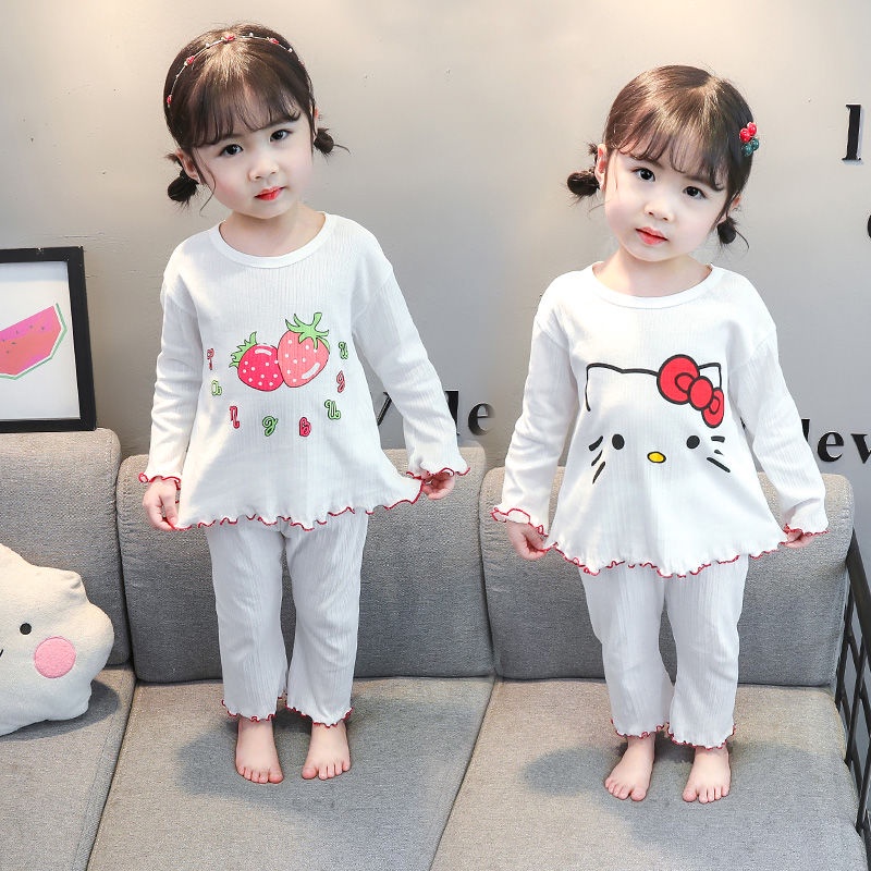 Bộ Đồ Ngủ Tay Dài Chất Cotton Mỏng Nhẹ Thời Trang Xuân Thu Xinh Xắn Cho Bé Gái
