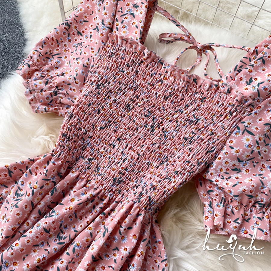 Đầm hoa cổ vuông tay ngắn xếp ly - DDTN02