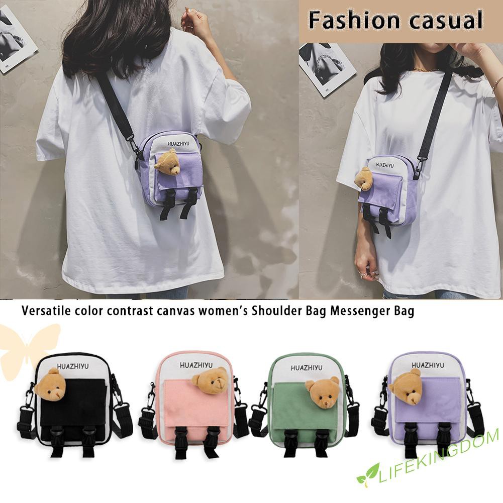 Women Canvas Crossbody Bags Student Cute Bear Doll Zip Shoulder Phone Pouch