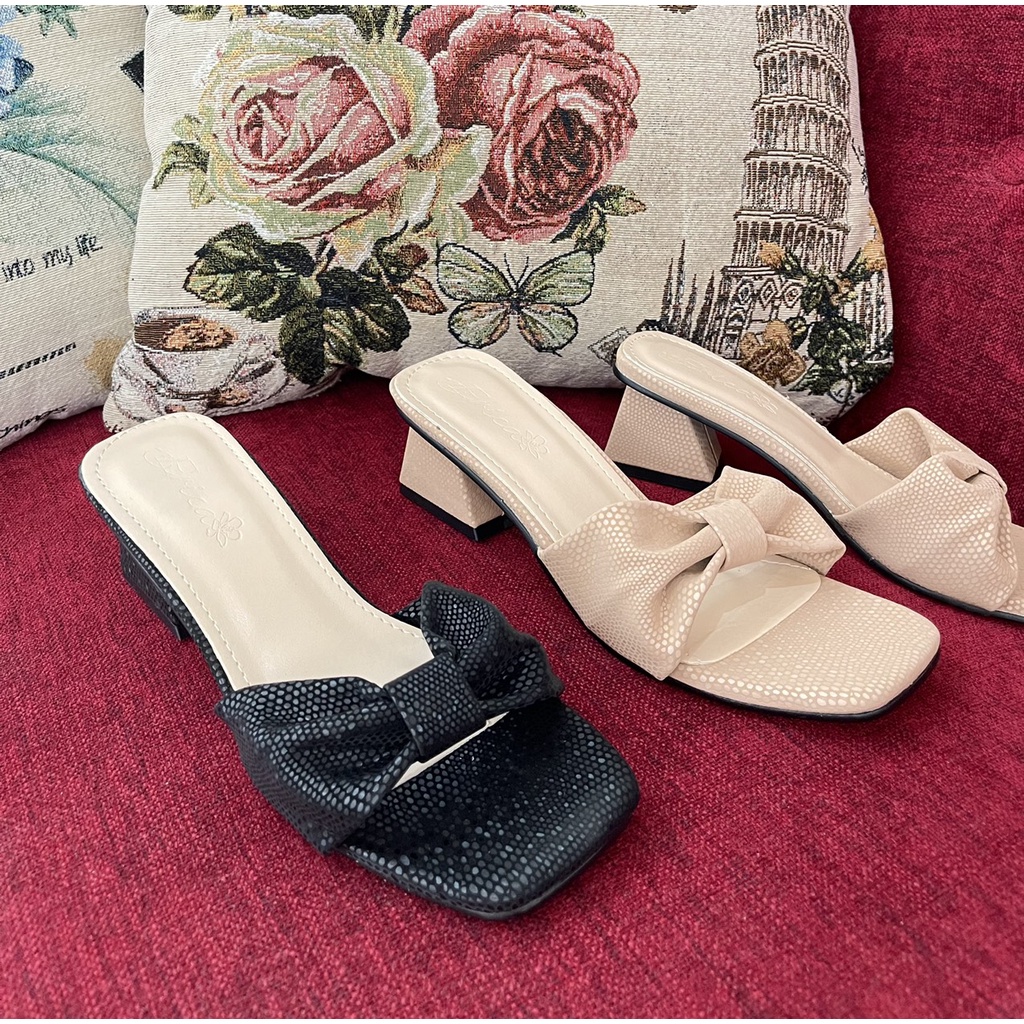 Guốc da nhám thắt nơ kiểu mới gót trụ thấp - 4P