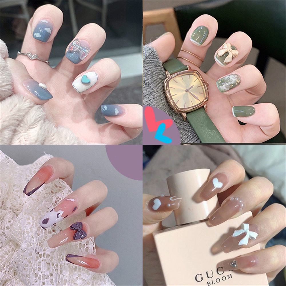 Bộ 24 móng tay giả phối đá 3D nhân tạo phong cách Hàn Quốc