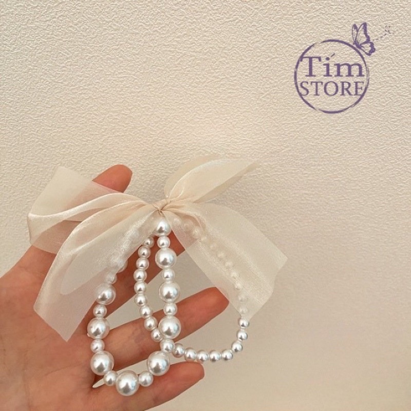 Dây cột tóc nữ nơ voan ngọc trai nhân tạo TÍM STORE phụ kiện thời trang phong cách hàn quốc đẹp