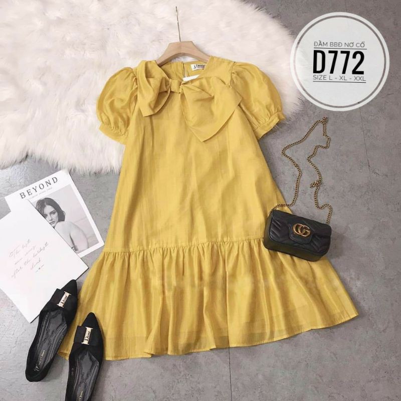 Đầm babydoll big size nơ cổ vải tơ ánh kim từ 60kg-90kg