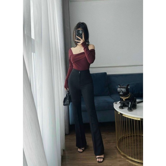 Quần ống loe hack dáng chất tuyết mưa / quần ống vẩy Black Casual Pants