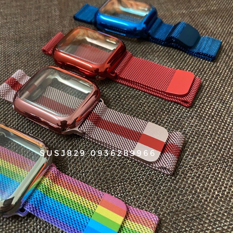 (full box) Combo dây thép bản cao cấp + ốp đồng hồ thông minh (đủ size 38/40/41/42/44/45)