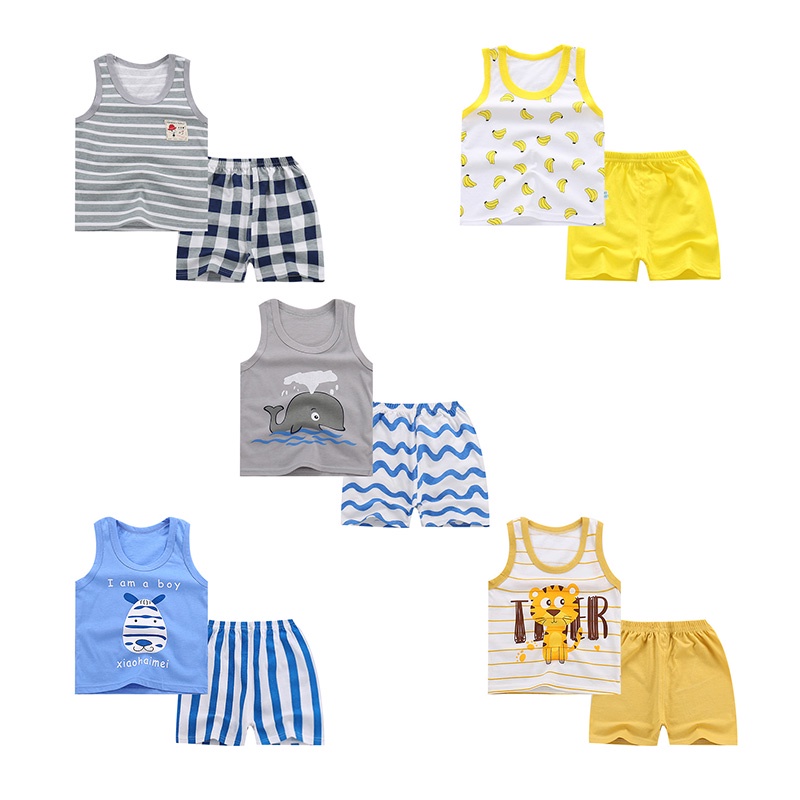 Set Đồ 2 Món Gồm Áo Thun Sát Nách In Họa Tiết Hoạt Hình + Quần Dễ Thương Cho Bé 0-4 Tuổi