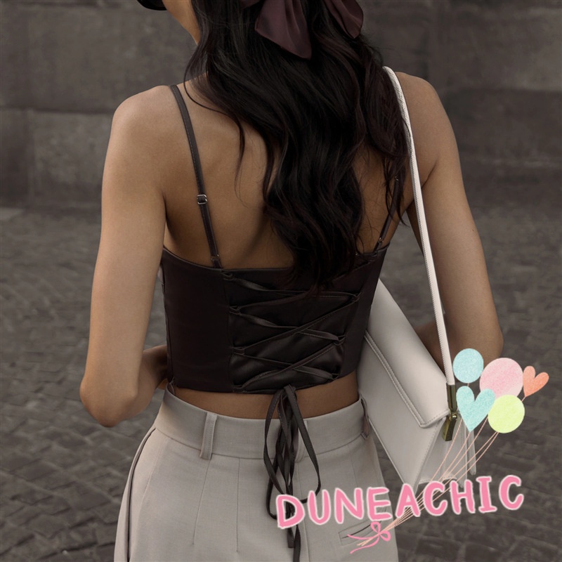 DUNEA Áo DUNEA hai dây hở lưng màu trơn phong cách đường phố thời trang dành cho nữ