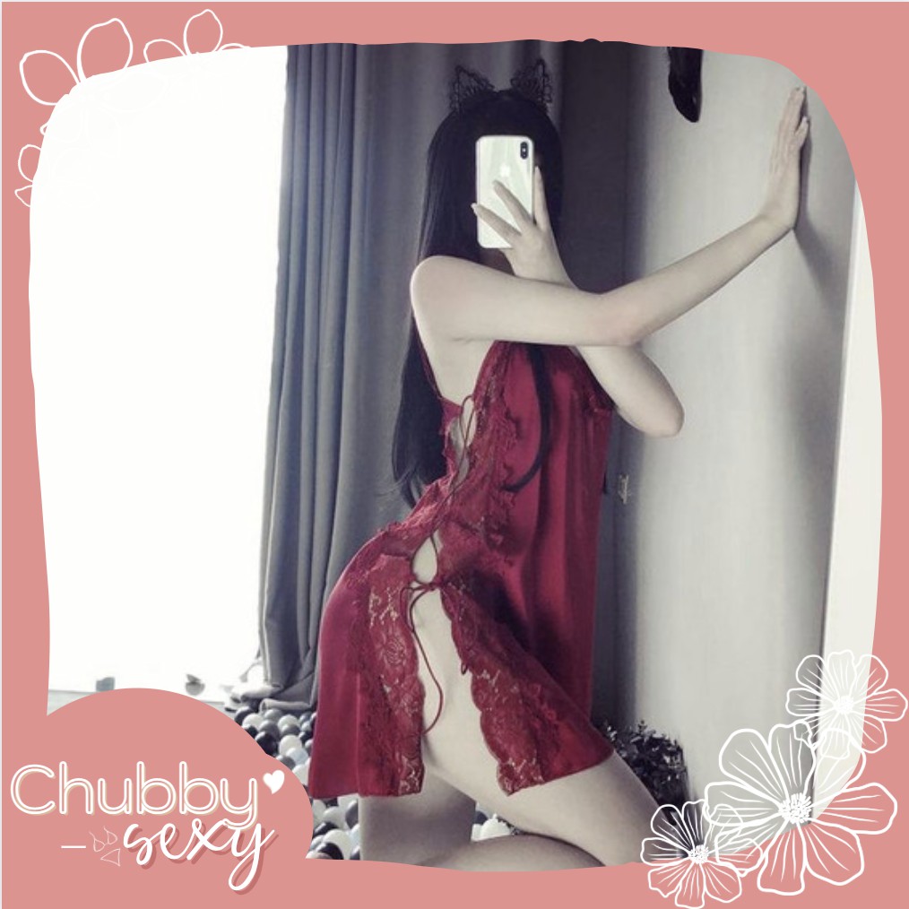 Váy Ngủ Lụa Sexy - Váy  ngủ lụa ren ngực đan dây 2 bên   - VNL02 - Chubby.sexy