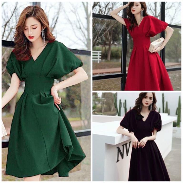X2 Đầm ngắn nữ xòe xanh rêu cánh dơi xếp ly váy công sở cổ v thanh lịch dự tiệc (kèm hình thật)