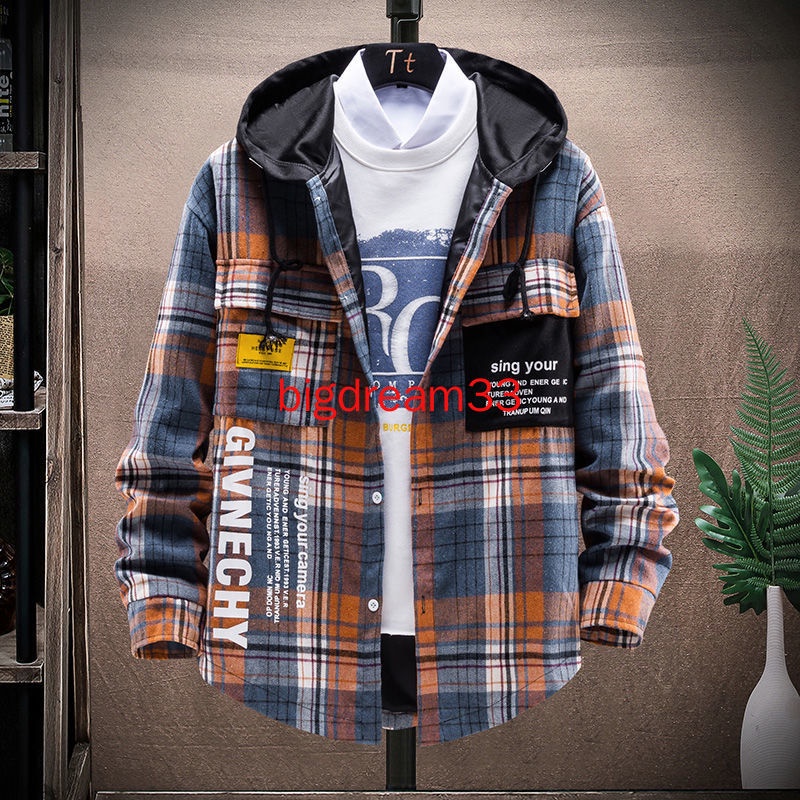 Áo Khoác Sơ Mi Kẻ Ô Vuông Có Mũ Trùm Đầu Phong Cách Hàn Quốc Dễ Phối Đồ Cho Nam