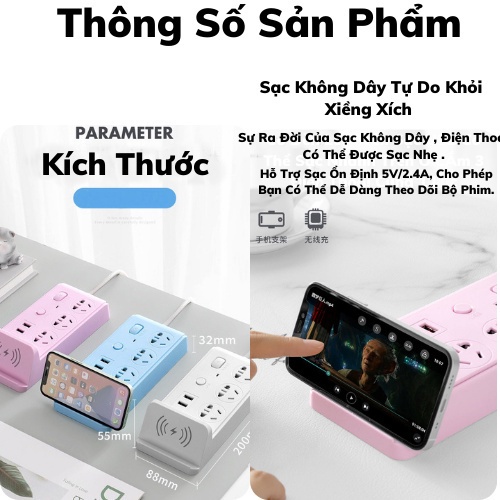 Ổ Cắm Điện Thông Minh Kiêm Sạc Không Dây và Sạc USB, Dây 1,8m