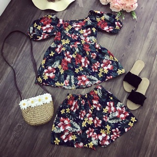 Set áo trễ thô quần hoa thô