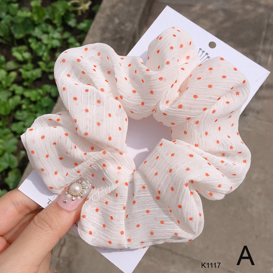 Buộc tóc, cột tóc vải scrunchies chiffon chấm bi siêu đẹp Orin K1117