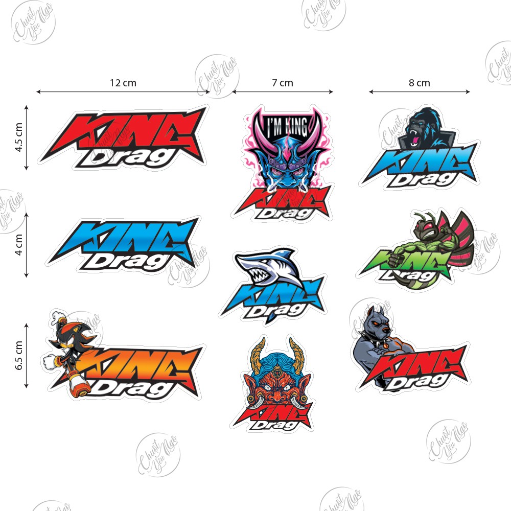 Bộ 9 tem decal KING DRAG chống nước chất lượng cao dán xe trang trí nón bảo hiểm