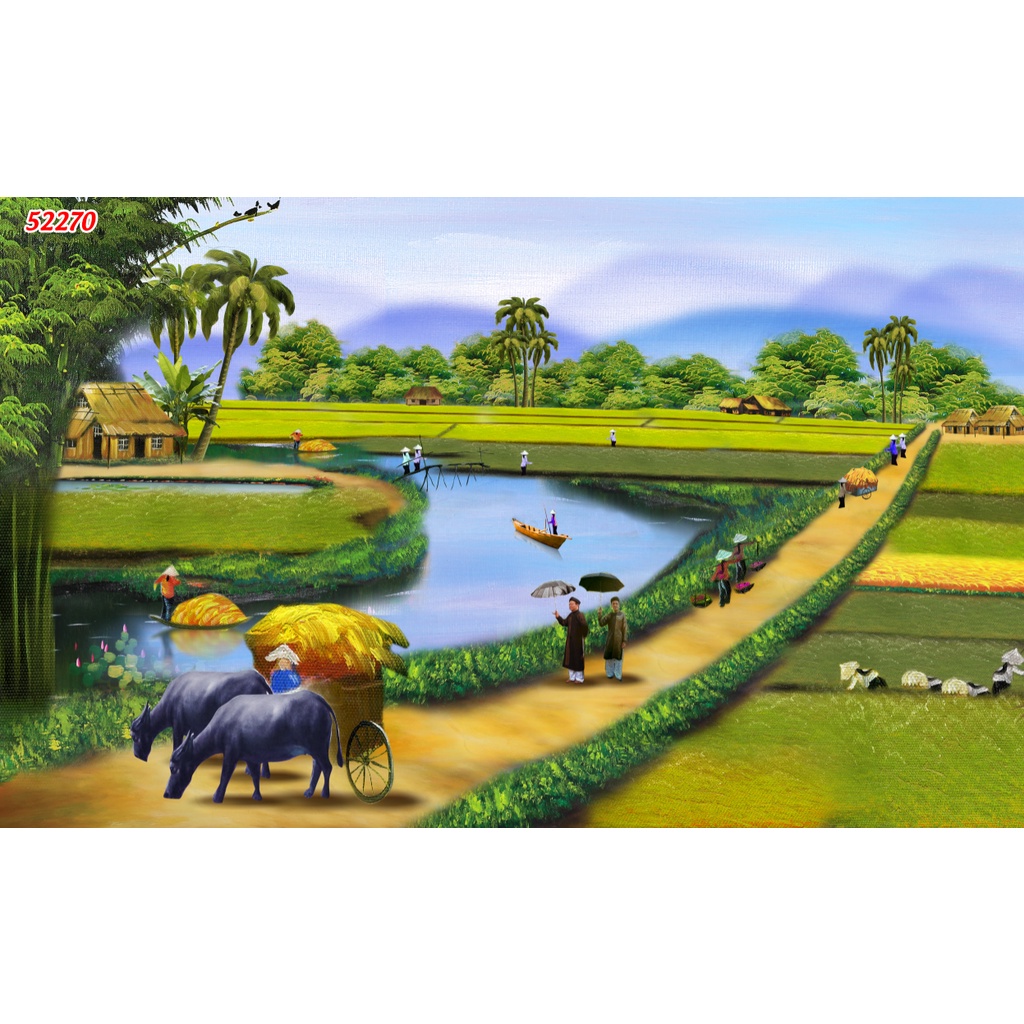 Tranh Đồng Quê Việt Nam, hòn non bộ, lũy tre Lụa 3D Cao Cấp Dán Tường